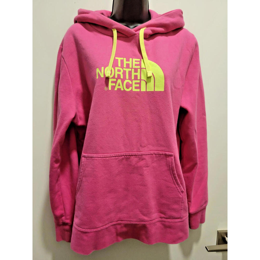 The North Face TNF Hoodie Womens Size L Pink/Neon Yellow Pullover Sweatshirt